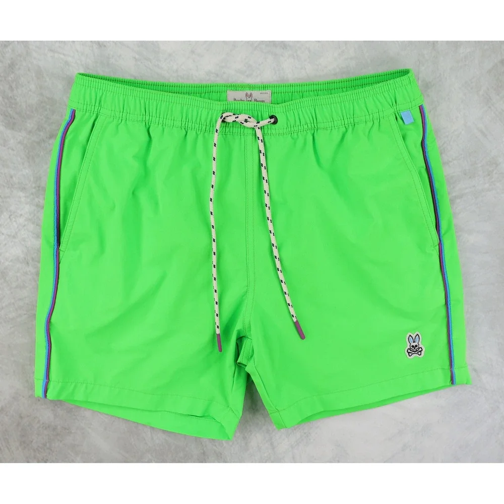 Psycho Bunny Swim Trunks Mens Small S Neon Green Piping Board Shorts Lined 5